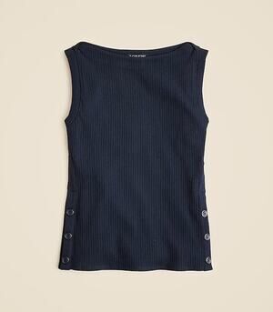 J.Crew Premium Rib Side Button Top WMNS M Navy Blue Boat Neck Sleeveless Stretch